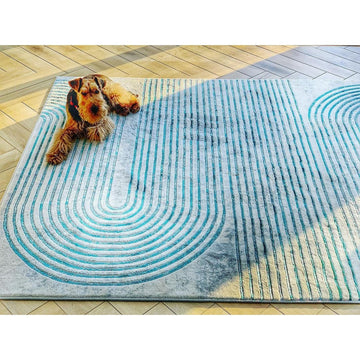 Apollo 2683 Modern Geometric Swirl Distressed Metallic Shimmer High-Density Textured Low Profile Short-Pile Grey/TealGreen/Cream Rug-Think Rugs-Rug Love - The Most Loved Rug Store